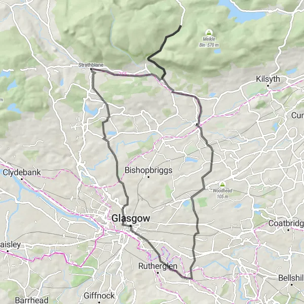 Map miniature of "Cambuslang to Lennoxtown Loop" cycling inspiration in Southern Scotland, United Kingdom. Generated by Tarmacs.app cycling route planner