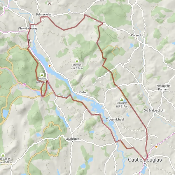 Map miniature of "Glenlochar Gravel Loop" cycling inspiration in Southern Scotland, United Kingdom. Generated by Tarmacs.app cycling route planner