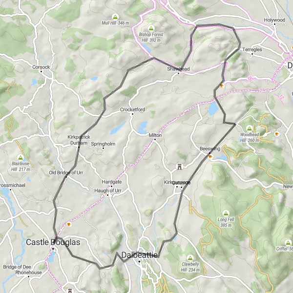 Map miniature of "Castle to Lochfoot Loop" cycling inspiration in Southern Scotland, United Kingdom. Generated by Tarmacs.app cycling route planner