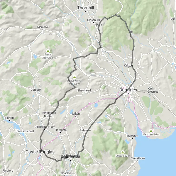 Map miniature of "Dalbeattie Road Adventure" cycling inspiration in Southern Scotland, United Kingdom. Generated by Tarmacs.app cycling route planner
