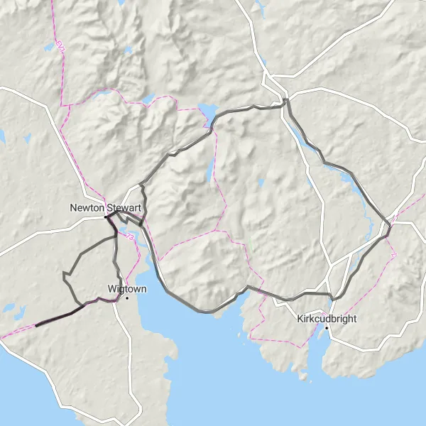 Map miniature of "The Castle Douglas Heritage Circuit" cycling inspiration in Southern Scotland, United Kingdom. Generated by Tarmacs.app cycling route planner