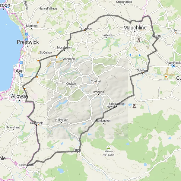 Map miniature of "Ochiltree and Mossblown Loop" cycling inspiration in Southern Scotland, United Kingdom. Generated by Tarmacs.app cycling route planner