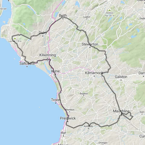 Map miniature of "Prestwick Discovery Trail" cycling inspiration in Southern Scotland, United Kingdom. Generated by Tarmacs.app cycling route planner