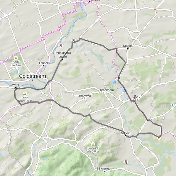 Map miniature of "The Scottish Borderlands" cycling inspiration in Southern Scotland, United Kingdom. Generated by Tarmacs.app cycling route planner