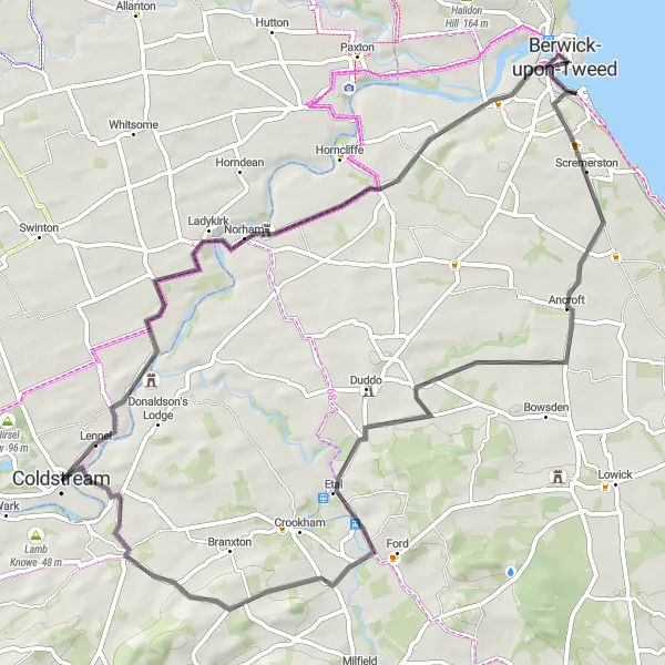 Map miniature of "Coldstream and Beyond" cycling inspiration in Southern Scotland, United Kingdom. Generated by Tarmacs.app cycling route planner