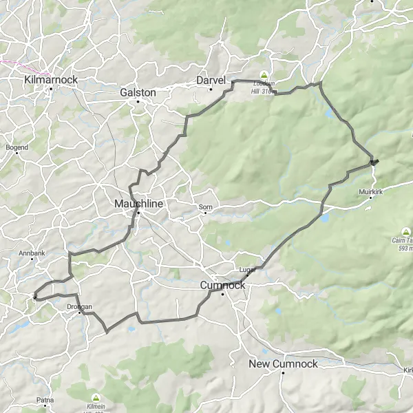 Map miniature of "Discover Historic Ayrshire" cycling inspiration in Southern Scotland, United Kingdom. Generated by Tarmacs.app cycling route planner