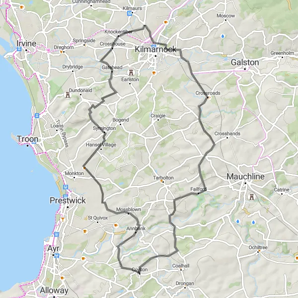 Map miniature of "Annbank and Failford Loop" cycling inspiration in Southern Scotland, United Kingdom. Generated by Tarmacs.app cycling route planner