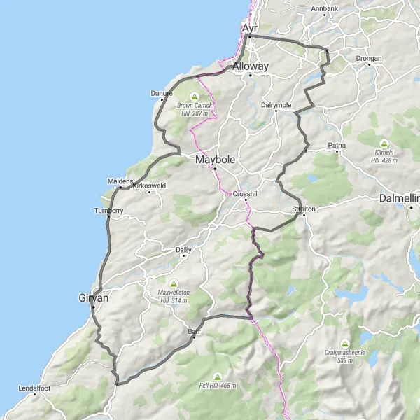 Map miniature of "Hills and Valleys" cycling inspiration in Southern Scotland, United Kingdom. Generated by Tarmacs.app cycling route planner