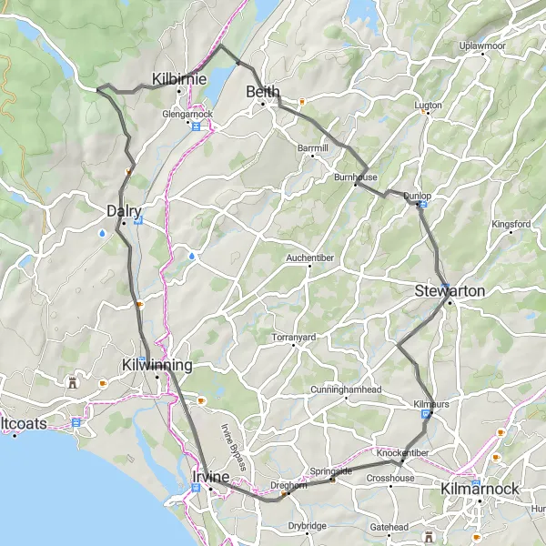 Map miniature of "Kilwinning and Stewarton Loop" cycling inspiration in Southern Scotland, United Kingdom. Generated by Tarmacs.app cycling route planner