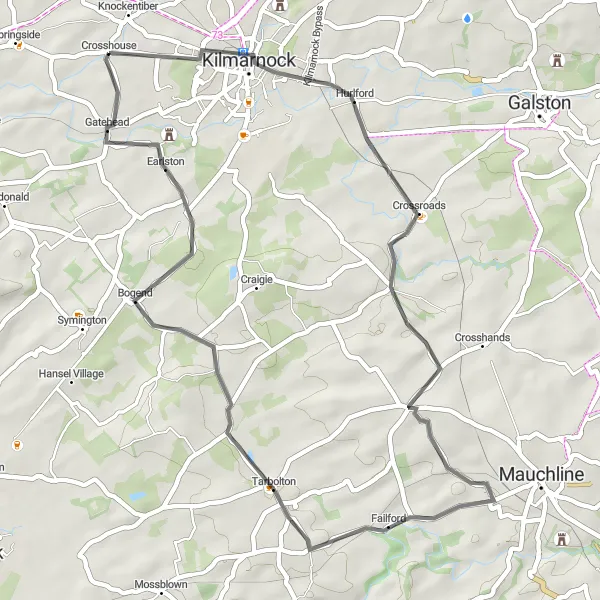 Map miniature of "Hurlford and Failford Loop" cycling inspiration in Southern Scotland, United Kingdom. Generated by Tarmacs.app cycling route planner