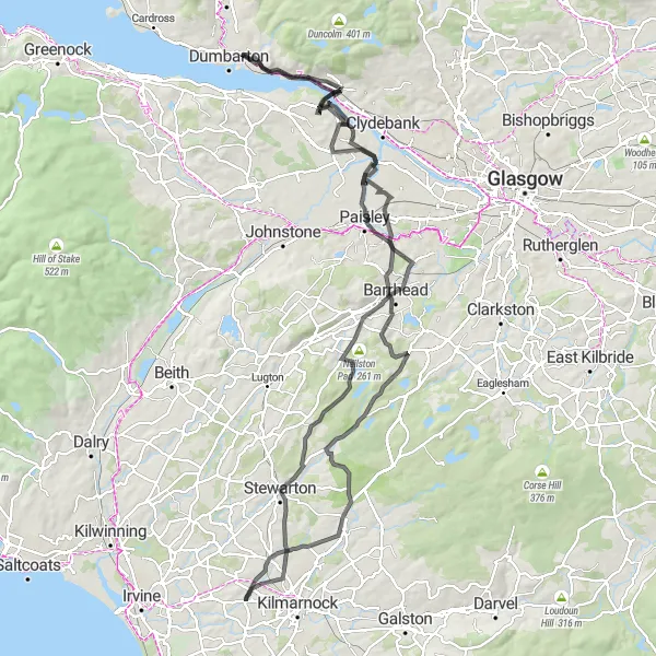 Map miniature of "Mearns Law and Hill of Dun Route" cycling inspiration in Southern Scotland, United Kingdom. Generated by Tarmacs.app cycling route planner