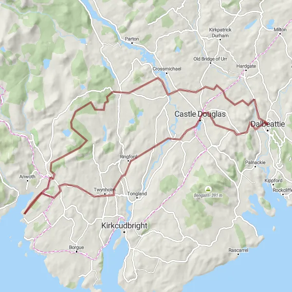 Map miniature of "Forest Gravel Loop" cycling inspiration in Southern Scotland, United Kingdom. Generated by Tarmacs.app cycling route planner