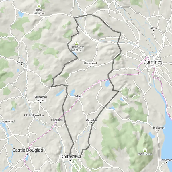 Map miniature of "Scenic Country Loop" cycling inspiration in Southern Scotland, United Kingdom. Generated by Tarmacs.app cycling route planner
