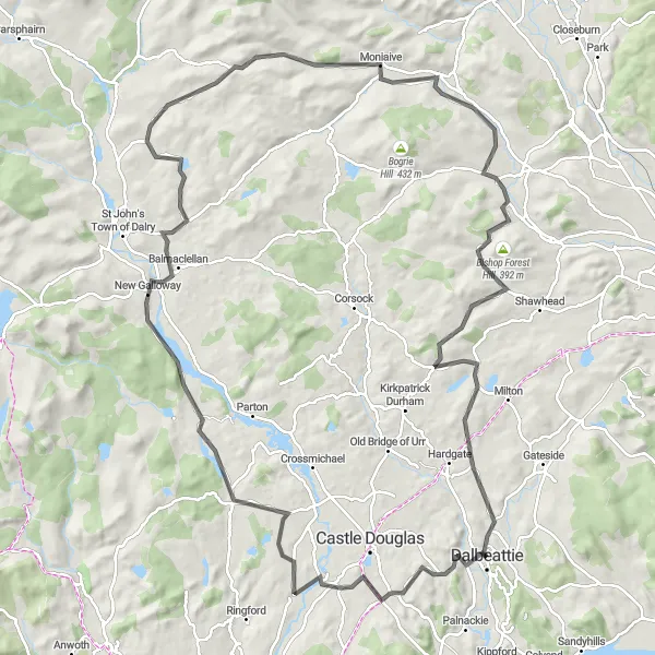 Map miniature of "Hidden Hills and Country Roads" cycling inspiration in Southern Scotland, United Kingdom. Generated by Tarmacs.app cycling route planner