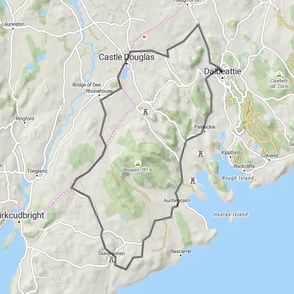 Map miniature of "Coastal Charm Loop" cycling inspiration in Southern Scotland, United Kingdom. Generated by Tarmacs.app cycling route planner