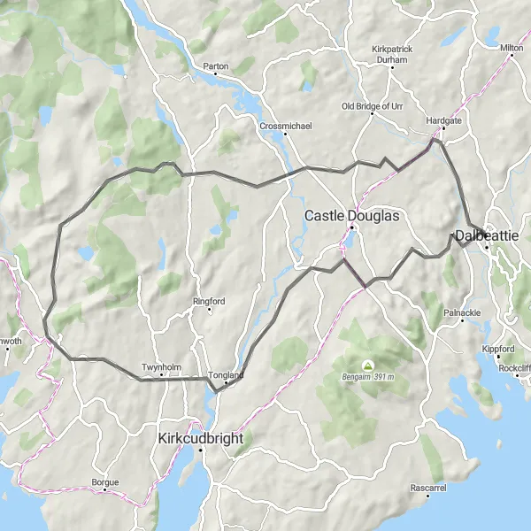 Map miniature of "Historic Castle Adventure" cycling inspiration in Southern Scotland, United Kingdom. Generated by Tarmacs.app cycling route planner