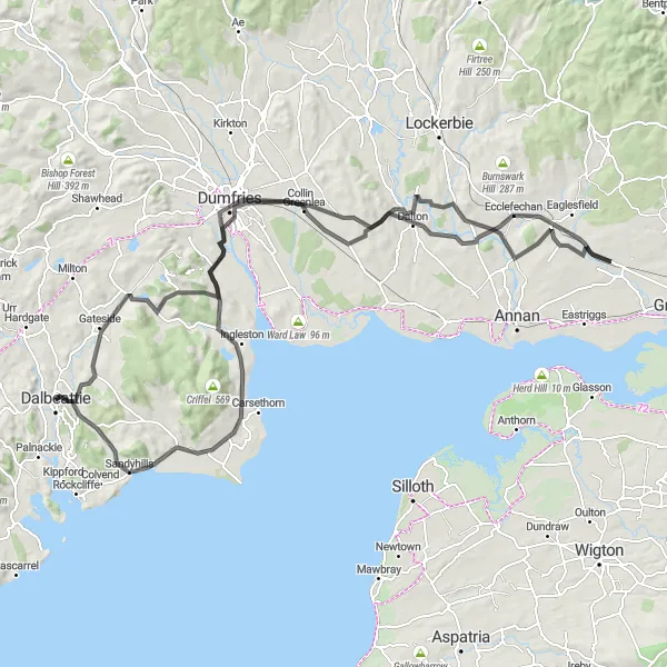 Map miniature of "Dalbeattie to Dumfries Loop" cycling inspiration in Southern Scotland, United Kingdom. Generated by Tarmacs.app cycling route planner