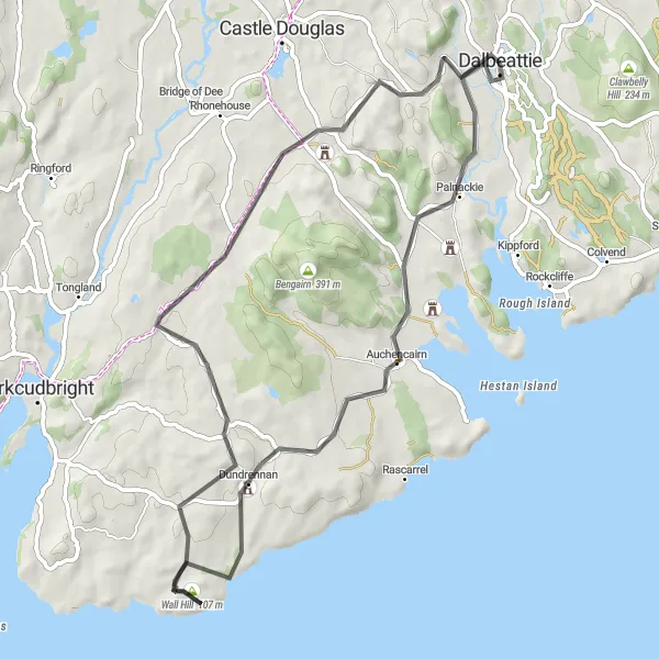 Map miniature of "Dalbeattie Short Loop" cycling inspiration in Southern Scotland, United Kingdom. Generated by Tarmacs.app cycling route planner