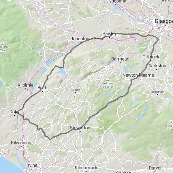 Map miniature of "Dalry to Drakemyre Scenic Road Cycling Exploration" cycling inspiration in Southern Scotland, United Kingdom. Generated by Tarmacs.app cycling route planner