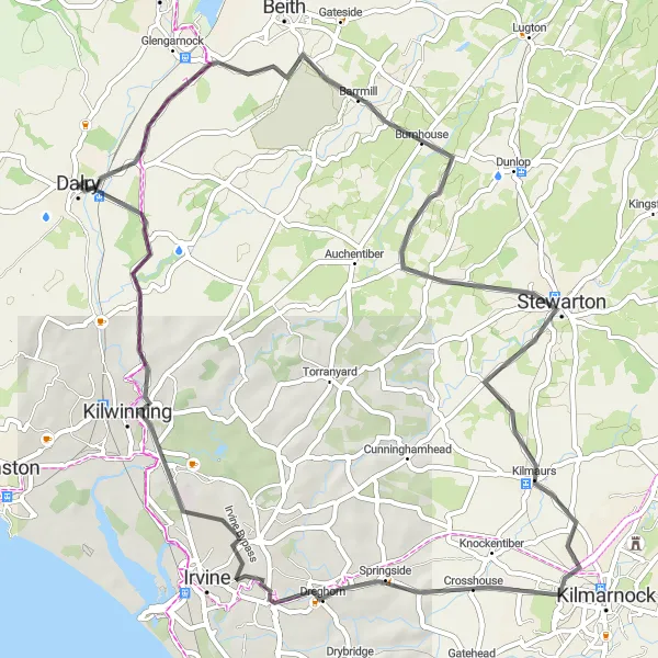 Map miniature of "Dalry to Drakemyre Countryside Road Cycling Route" cycling inspiration in Southern Scotland, United Kingdom. Generated by Tarmacs.app cycling route planner