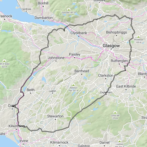 Map miniature of "Dalry to Drakemyre Road Cycling Challenge" cycling inspiration in Southern Scotland, United Kingdom. Generated by Tarmacs.app cycling route planner