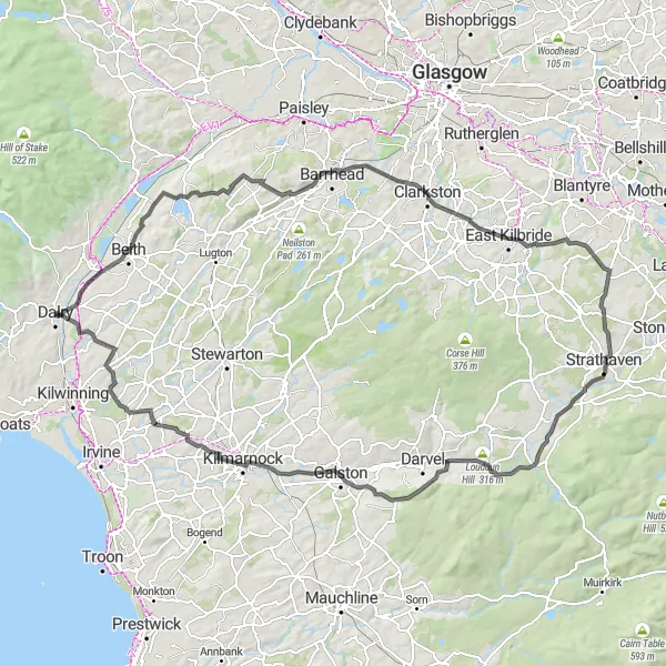 Map miniature of "Dalry and the Hill Country Loop" cycling inspiration in Southern Scotland, United Kingdom. Generated by Tarmacs.app cycling route planner