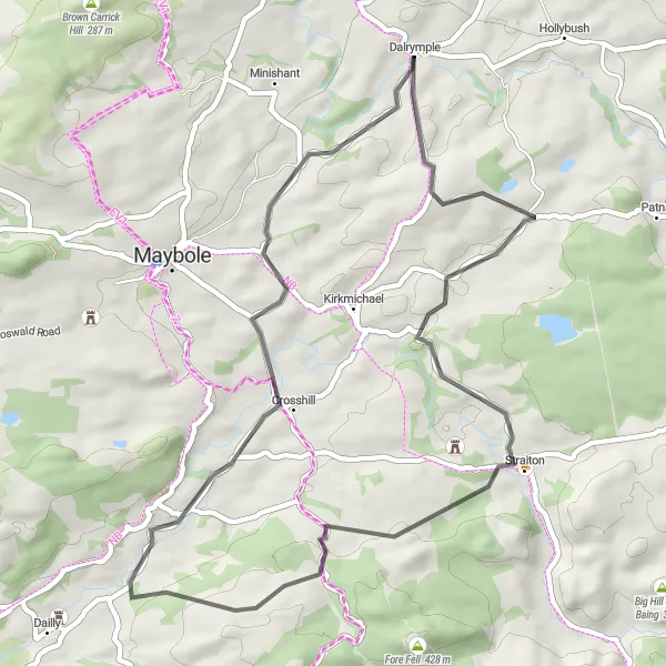 Map miniature of "Scenic Road Loop from Dalrymple" cycling inspiration in Southern Scotland, United Kingdom. Generated by Tarmacs.app cycling route planner