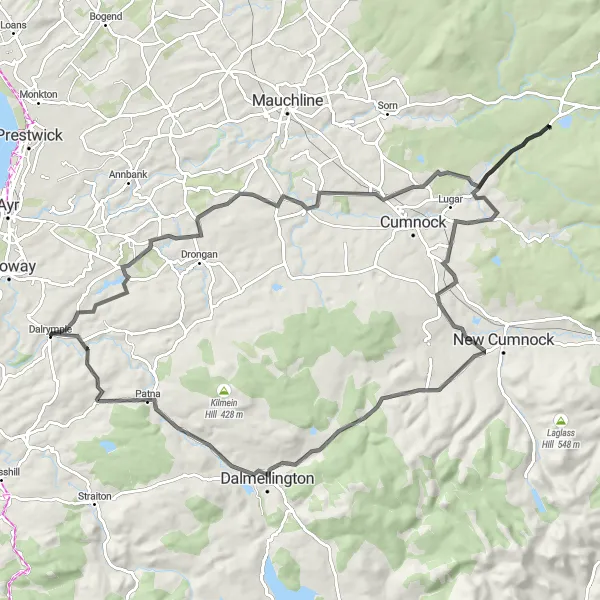 Map miniature of "Dalrymple to Patna" cycling inspiration in Southern Scotland, United Kingdom. Generated by Tarmacs.app cycling route planner