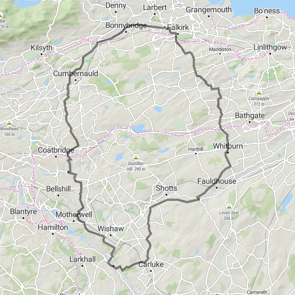 Map miniature of "Dalserf Holytown Route" cycling inspiration in Southern Scotland, United Kingdom. Generated by Tarmacs.app cycling route planner