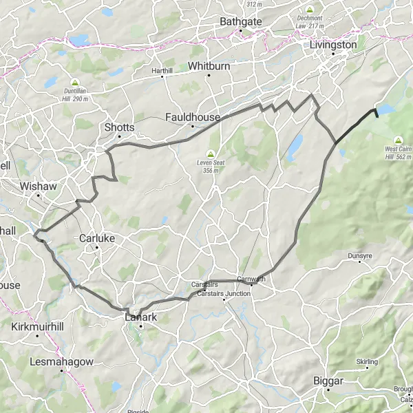 Map miniature of "Dalserf Law Hill Loop" cycling inspiration in Southern Scotland, United Kingdom. Generated by Tarmacs.app cycling route planner