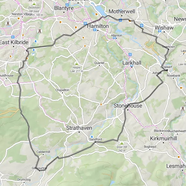 Map miniature of "Scenic Ride to Caldermill" cycling inspiration in Southern Scotland, United Kingdom. Generated by Tarmacs.app cycling route planner