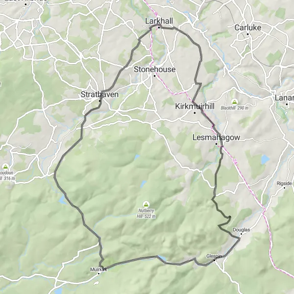 Map miniature of "Dalserf Ashgill Loop" cycling inspiration in Southern Scotland, United Kingdom. Generated by Tarmacs.app cycling route planner