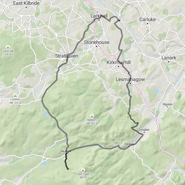 Map miniature of "Cycling through Dalserf to Glassford" cycling inspiration in Southern Scotland, United Kingdom. Generated by Tarmacs.app cycling route planner