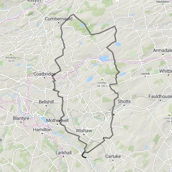 Map miniature of "Dalserf Glenmavis Route" cycling inspiration in Southern Scotland, United Kingdom. Generated by Tarmacs.app cycling route planner