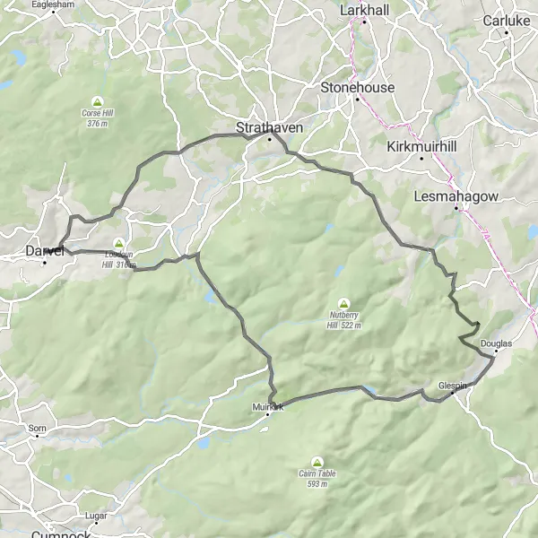 Map miniature of "Hills and Valleys" cycling inspiration in Southern Scotland, United Kingdom. Generated by Tarmacs.app cycling route planner