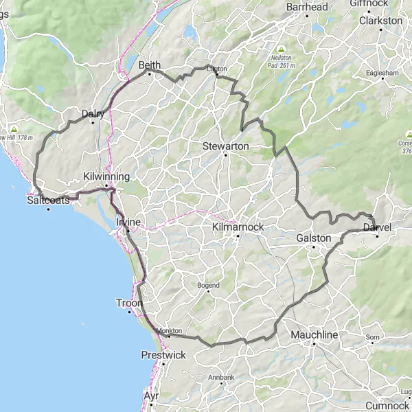 Map miniature of "The Ayrshire Coastline Loop" cycling inspiration in Southern Scotland, United Kingdom. Generated by Tarmacs.app cycling route planner