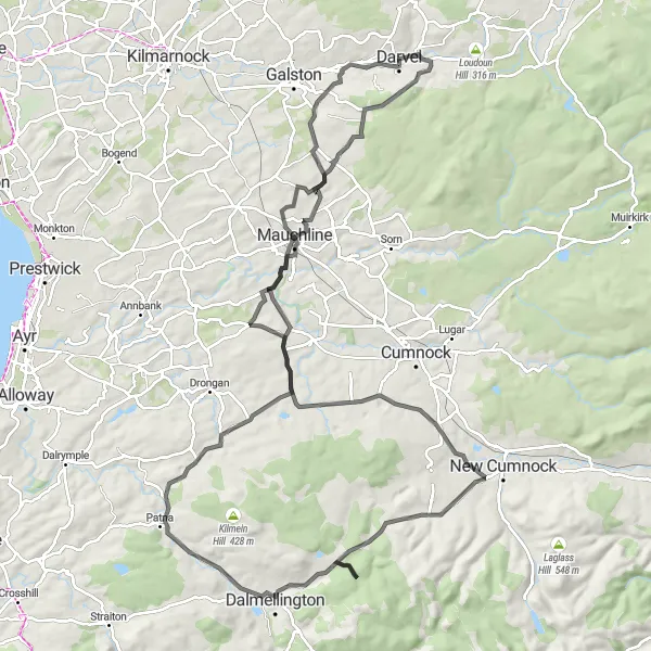 Map miniature of "The Ayrshire Heritage Trail" cycling inspiration in Southern Scotland, United Kingdom. Generated by Tarmacs.app cycling route planner