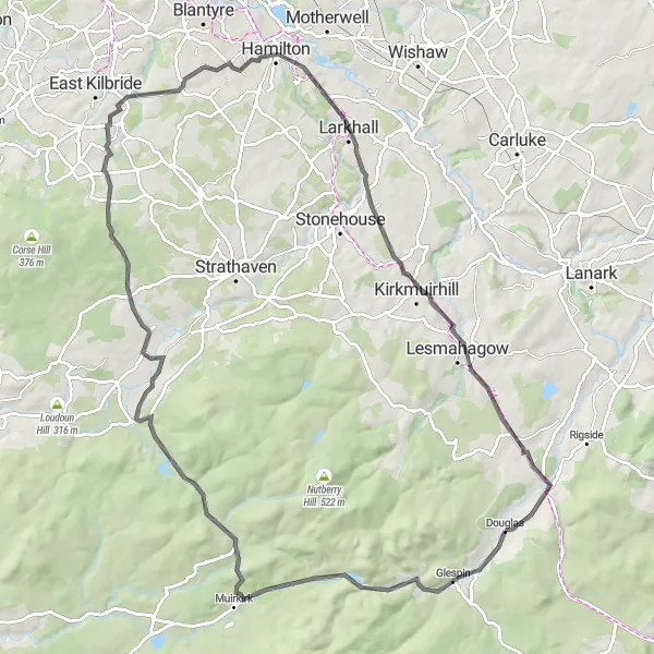 Map miniature of "The Muirkirk-Douglas Castle Loop" cycling inspiration in Southern Scotland, United Kingdom. Generated by Tarmacs.app cycling route planner