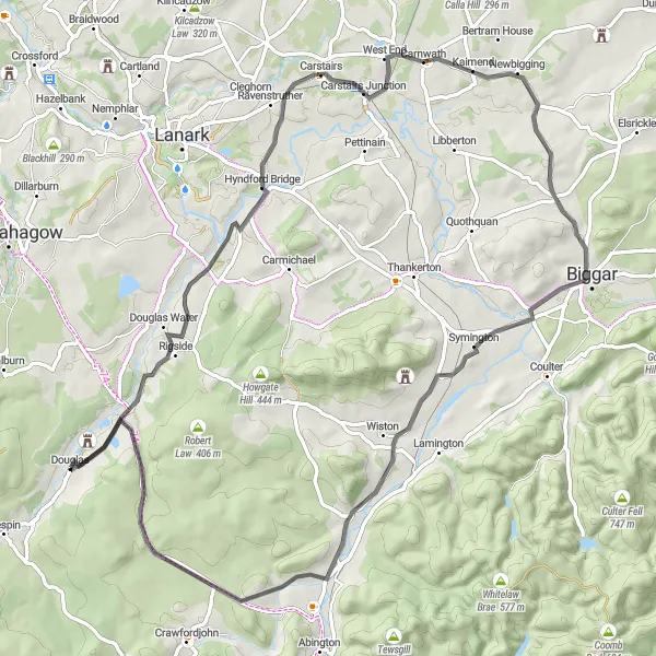 Map miniature of "The Carstairs-Biggar Loop" cycling inspiration in Southern Scotland, United Kingdom. Generated by Tarmacs.app cycling route planner