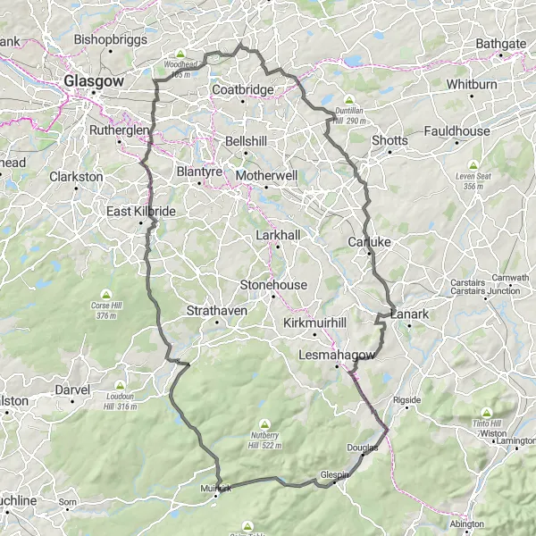 Map miniature of "Douglas and Muirkirk Loop" cycling inspiration in Southern Scotland, United Kingdom. Generated by Tarmacs.app cycling route planner