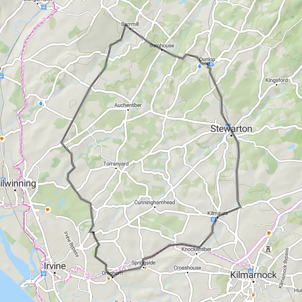 Map miniature of "From Dreghorn to Springside" cycling inspiration in Southern Scotland, United Kingdom. Generated by Tarmacs.app cycling route planner