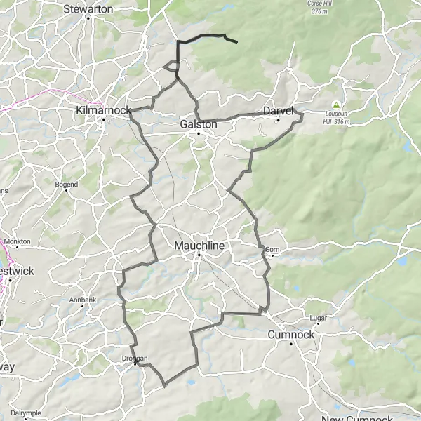 Map miniature of "Drongan to Sinclairston Loop" cycling inspiration in Southern Scotland, United Kingdom. Generated by Tarmacs.app cycling route planner