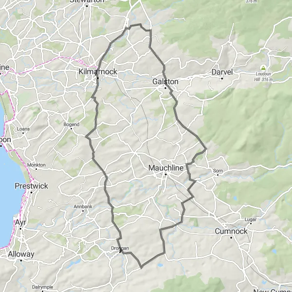 Map miniature of "Drongan to Catrine Loop" cycling inspiration in Southern Scotland, United Kingdom. Generated by Tarmacs.app cycling route planner