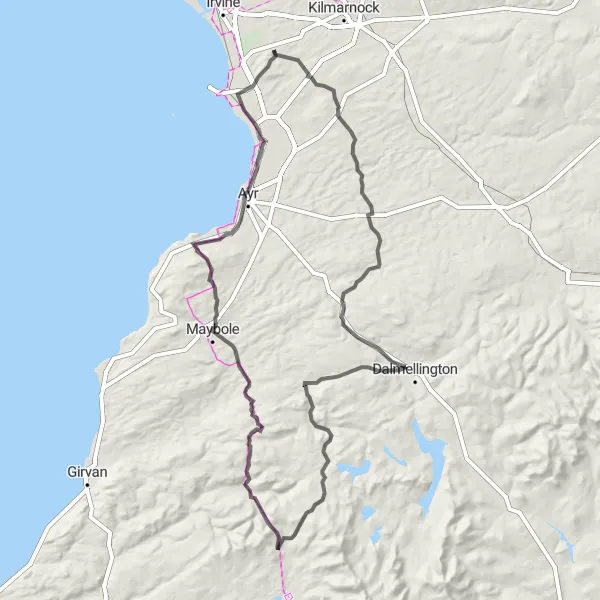 Map miniature of "Tarbolton and Loans Loop" cycling inspiration in Southern Scotland, United Kingdom. Generated by Tarmacs.app cycling route planner