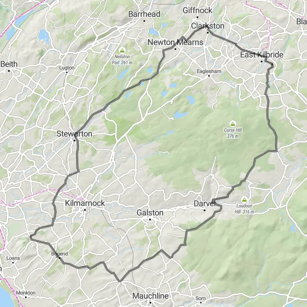 Map miniature of "Stewarton and Craigie Castle Loop" cycling inspiration in Southern Scotland, United Kingdom. Generated by Tarmacs.app cycling route planner