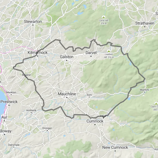 Map miniature of "Moscow and Drumclog Loop" cycling inspiration in Southern Scotland, United Kingdom. Generated by Tarmacs.app cycling route planner