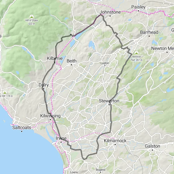 Map miniature of "Dundonald and Crosshouse Loop" cycling inspiration in Southern Scotland, United Kingdom. Generated by Tarmacs.app cycling route planner