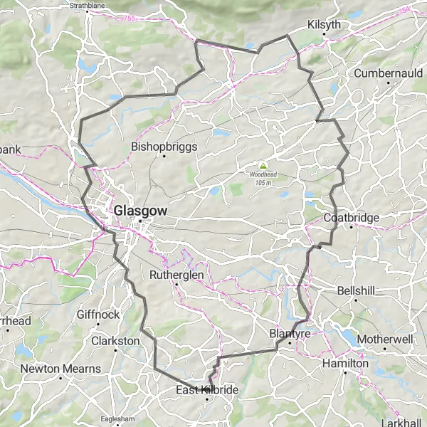 Map miniature of "East Kilbride Loop" cycling inspiration in Southern Scotland, United Kingdom. Generated by Tarmacs.app cycling route planner