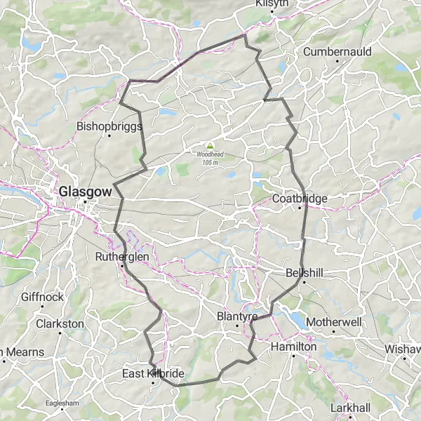 Map miniature of "East Kilbride Adventure" cycling inspiration in Southern Scotland, United Kingdom. Generated by Tarmacs.app cycling route planner