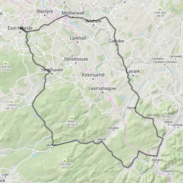 Map miniature of "Biking the Southern Hills" cycling inspiration in Southern Scotland, United Kingdom. Generated by Tarmacs.app cycling route planner